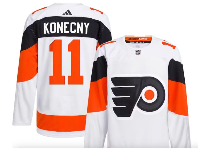 Men Philadelphia Flyers 11 Travis Konecny white adidas 2024 NHL Stadium Series Primegreen Jersey